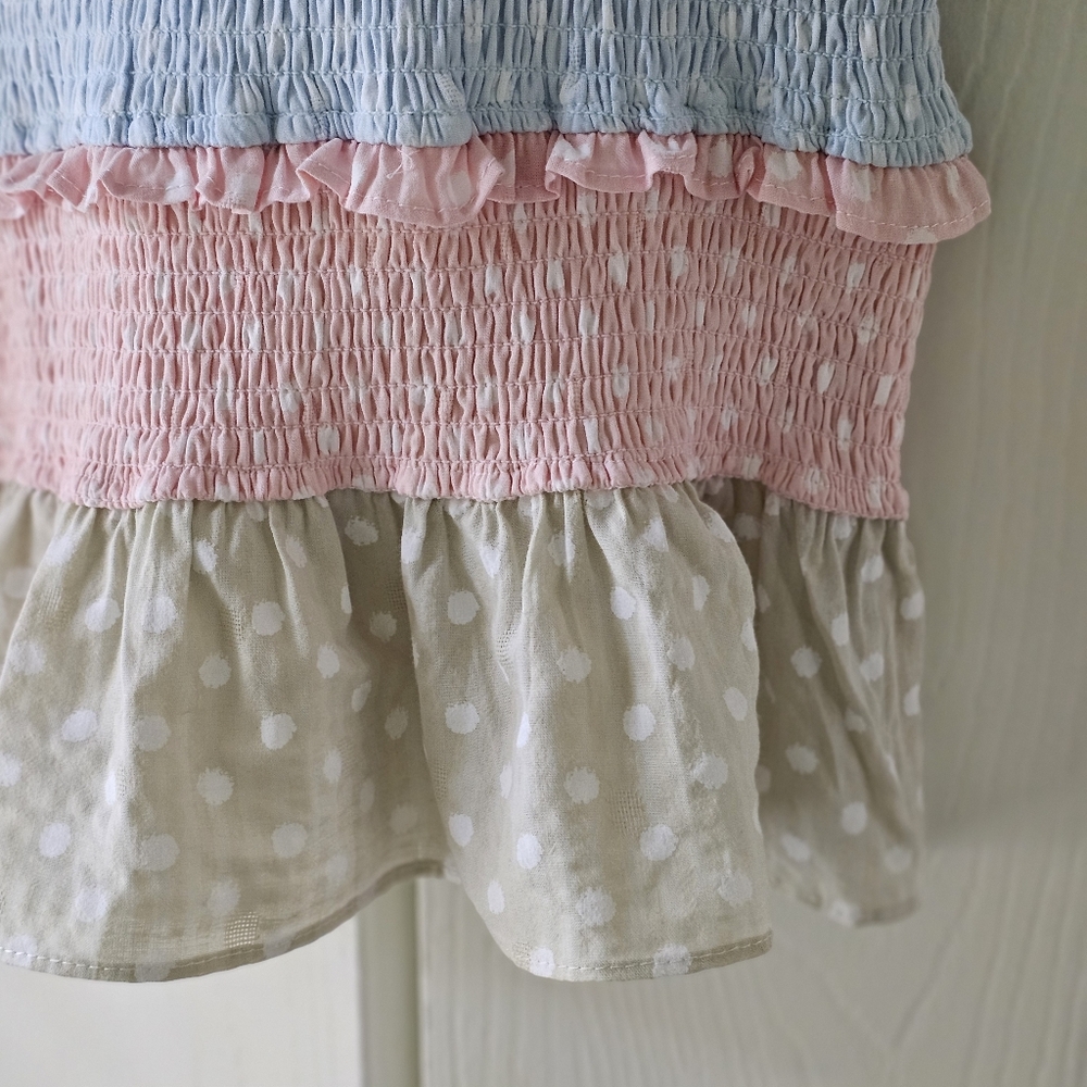 Storia Smocked Pastel Polka Dot Ruffle Spring Mini Dress Sz S - Picture 6 of 12